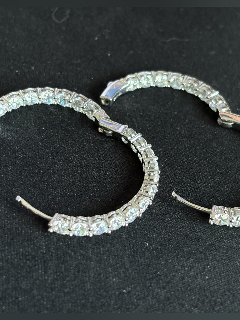 Silver Tone CZ Hoop Earrings | Sparkling Round Stone Latch Back Hoops - Picture 10 of 12